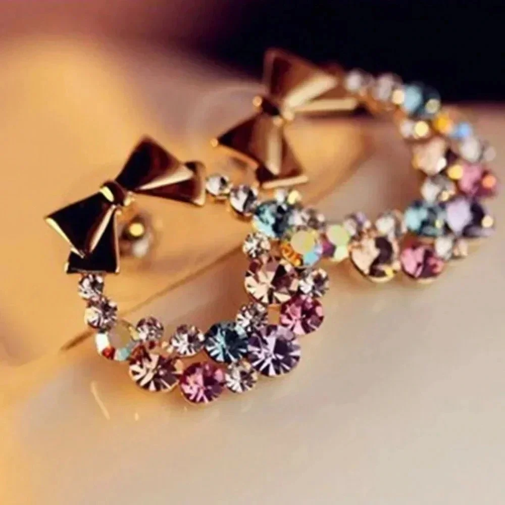 Gold Bow Rainbow Crystal Earrings - Picture 3 of 4